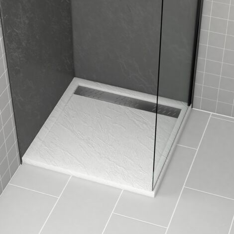 receveur en acrylique blanc effet pierre 80x80x4cm + grilles linéaires chrome et gun metal