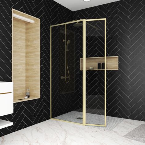 paroi de douche avec volet pivotant 80+40x200 cm - finition or doré brossé - goldy contouring