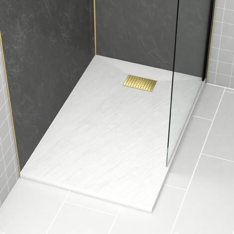 receveur de douche blanc effet pierre 80x120 cm et grille décor perforée or doré brossé