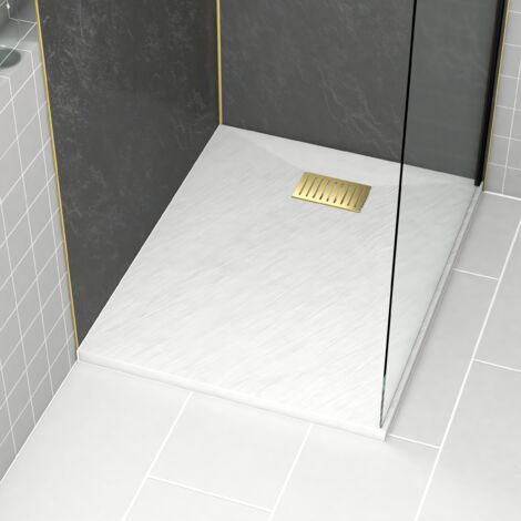 receveur de douche blanc effet pierre 80x100 cm et grille décor linéaire or doré brossé (1/4)