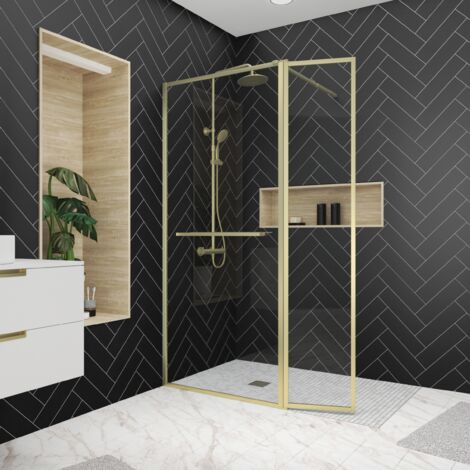 paroi de douche avec volet pivotant 90+40x200 cm - porte-serviette + etagère finition or doré brossé