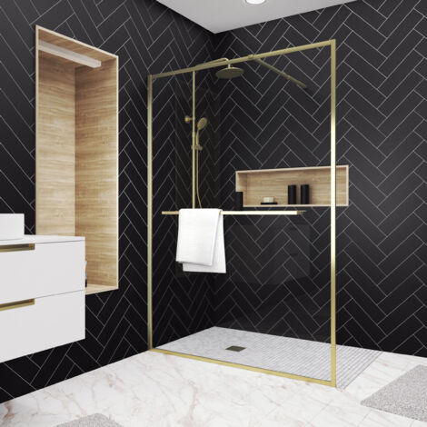 paroi de douche or doré brossé 140x200cm - porte-serviette et etagère (1/5)