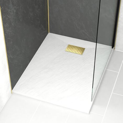 receveur de douche blanc effet pierre 80x100 cm et grille décor perforée or doré brossé