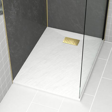 receveur de douche blanc effet pierre 80x120 cm et grille décor linéaire or doré brossé (1/4)