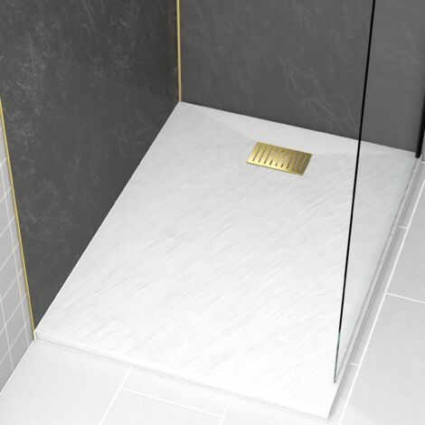 receveur de douche blanc effet pierre 90x120 cm et grille décor linéaire or doré brossé (1/4)