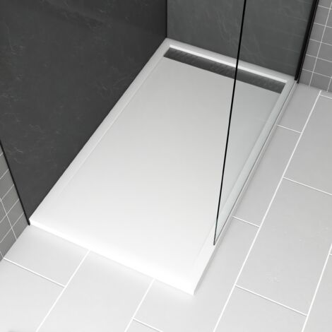 Aurlane – Receveur de douche à poser en acrylique blanc 80x140x5 cm – Surface antidérapante – Évacuation linéaire avec grilles chrome et gun metal (1/4)