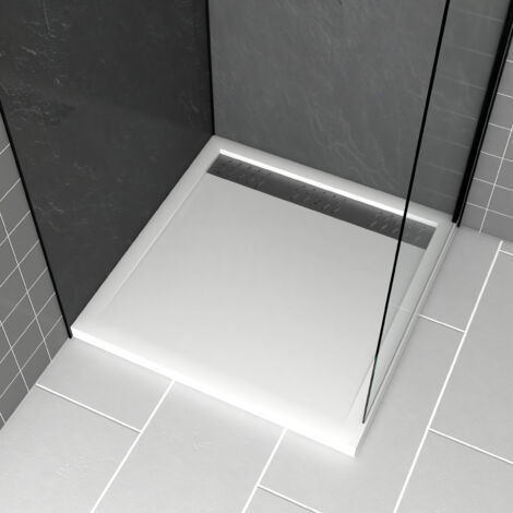 receveur en acrylique blanc 80x80x4 cm + grilles linéaires chrome et gun metal - whiteness ii (1/4)