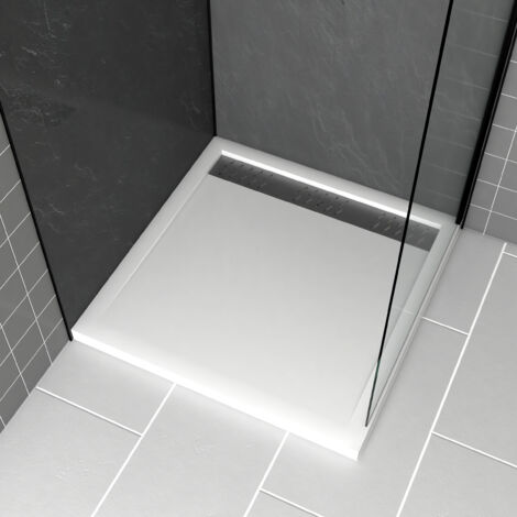 receveur en acrylique blanc 90x90x4 cm + grilles linéaires chrome et gun metal - whiteness ii (1/4)