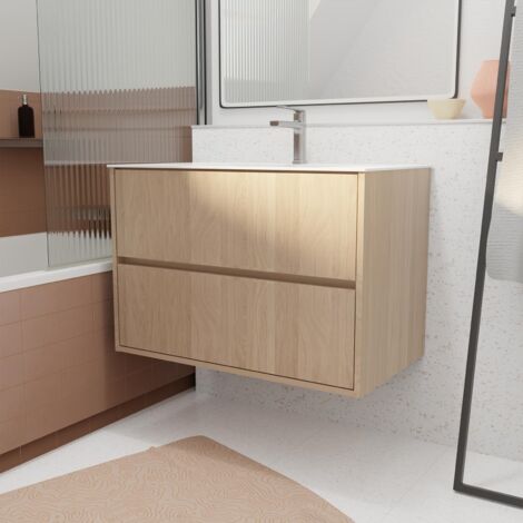pack meuble salle de bains 80 cm chêne clair, 2 tiroirs avec vasque céramique - xenos