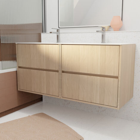pack meuble salle de bains 120 cm chêne clair, 4 tiroirs avec vasque céramique - xenos (1/5)