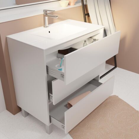 pack meuble salle de bains 80 cm laqué blanc, 3 tiroirs avec vasque céramique - xenos
