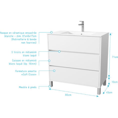 pack meuble salle de bains 80 cm laqué blanc, 3 tiroirs avec vasque céramique - xenos