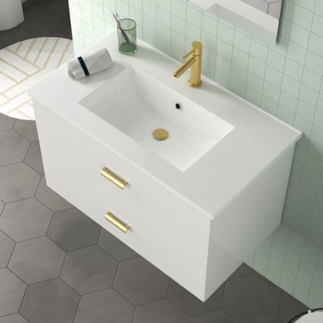 Meuble Salle de Bains 80 cm Laqué Blanc et Or Doré à Tiroirs avec Vasque Céramique et Miroir