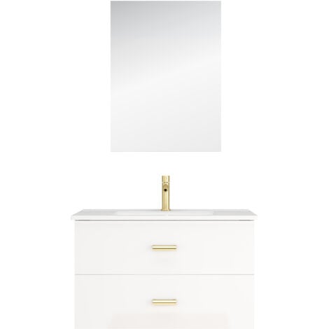 Meuble Salle de Bains 80 cm Laqué Blanc et Or Doré à Tiroirs avec Vasque Céramique et Miroir