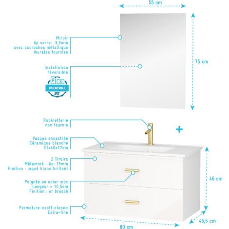 Meuble Salle de Bains 80 cm Laqué Blanc et Or Doré à Tiroirs avec Vasque Céramique et Miroir