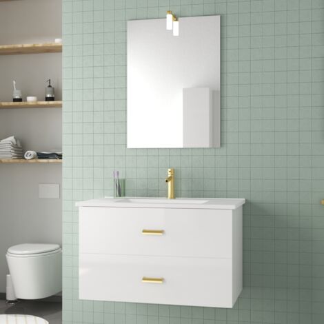 meuble salle de bains 80cm laqué blanc et or doré à tiroirs avec vasque - miroir & applique led