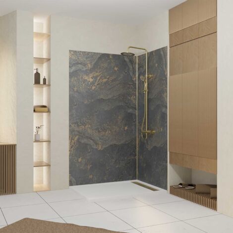 pack 2 panneaux muraux en pierre venus 120+90x210 cm + profilés or doré brossé