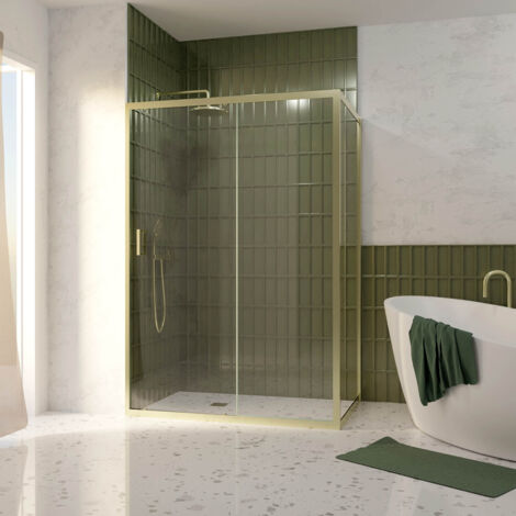 pack porte de douche coulissante 140x200cm et retour 90cm - profilés or doré brossé - verre 6mm (1/5)