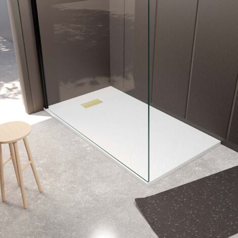 receveur de douche blanc effet pierre 80x140 cm et grille décor perforée or doré brossé