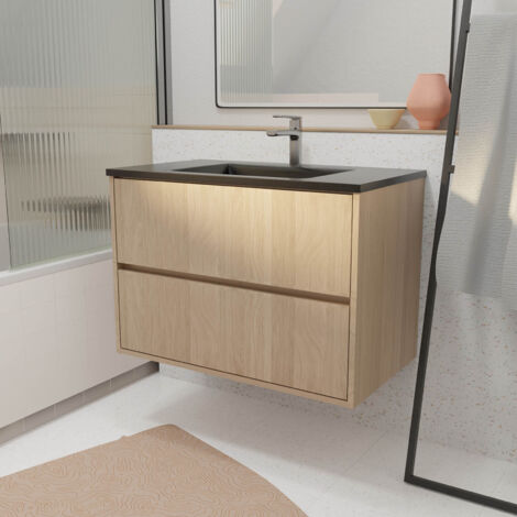 meuble de salle de bains 80 cm 2 tiroirs chêne clair + vasque céramique noire - xenos