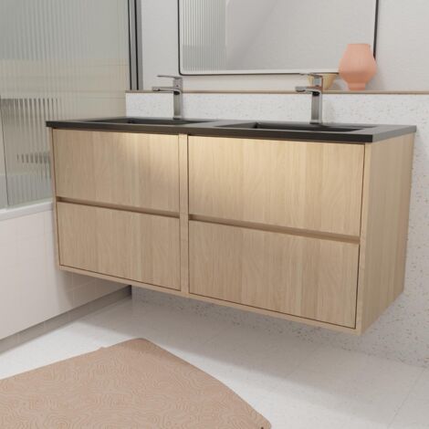 meuble de salle de bains 120 cm 4 tiroirs chêne clair + vasque double céramique noire - xenos