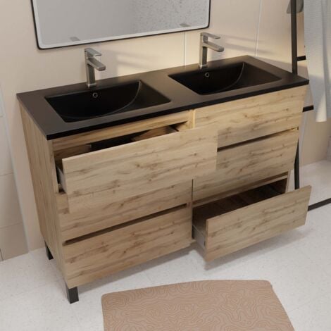 meuble de salle de bains 120 cm 6 tiroirs chêne naturel + vasque double céramique noire - timber