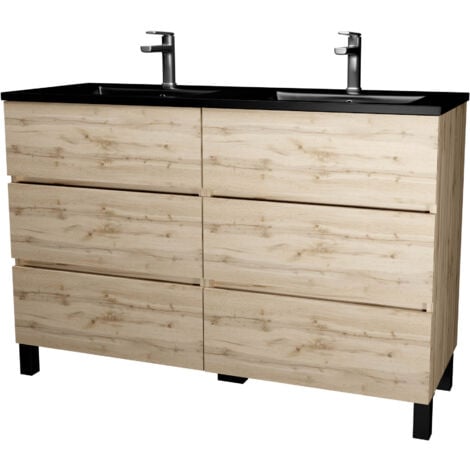 meuble de salle de bains 120 cm 6 tiroirs chêne naturel + vasque double céramique noire - timber