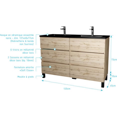 meuble de salle de bains 120 cm 6 tiroirs chêne naturel + vasque double céramique noire - timber