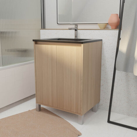 meuble de salle de bains 60 cm 2 portes chêne clair + vasque céramique noire - xenos