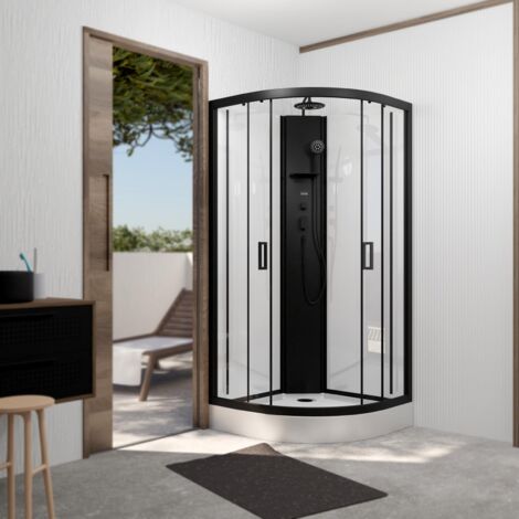 cabine de douche 1/4 de cercle 85x85x210/235 cm - receveur + fonds blancs / colonne + profilés noirs