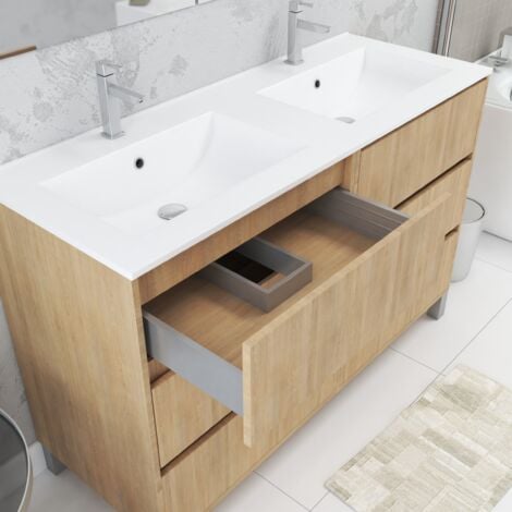 meuble salle de bains 120 cm chêne clair 6 tiroirs, vasque, miroirs 60x80 et réglettes led - xenos