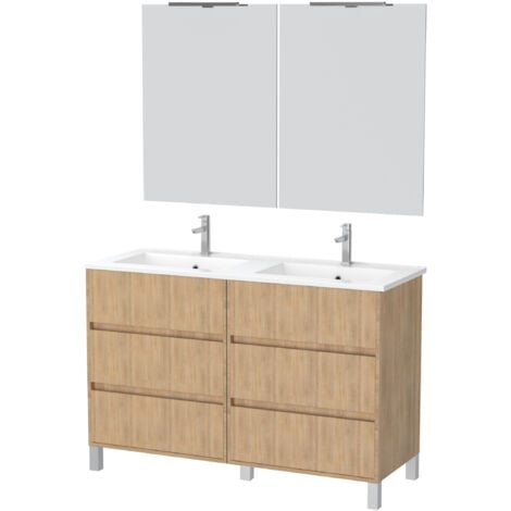 meuble salle de bains 120 cm chêne clair 6 tiroirs, vasque, miroirs 60x80 et réglettes led - xenos