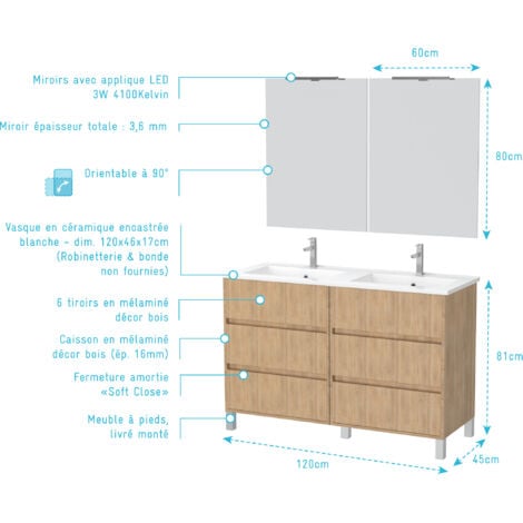 meuble salle de bains 120 cm chêne clair 6 tiroirs, vasque, miroirs 60x80 et réglettes led - xenos
