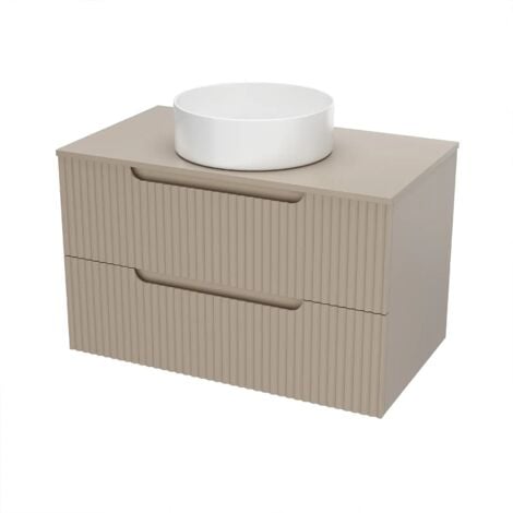 meuble de salle de bains leon 80cm marron glace - 2 tiroirs en mdf ondules - vasque ronde 36cm