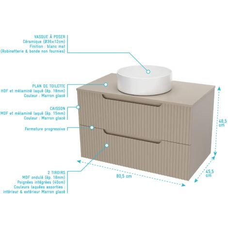 meuble de salle de bains leon 80cm marron glace - 2 tiroirs en mdf ondules - vasque ronde 36cm