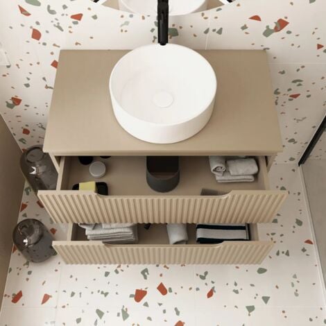 meuble de salle de bains leon 80cm marron glace - 2 tiroirs en mdf ondules - vasque ronde 36cm