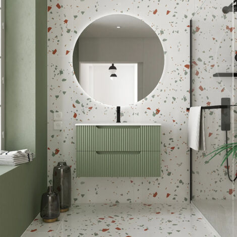 meuble de salle de bains leon 80cm vert olive - 2 tiroirs en mdf ondulés - vasque à encastrer