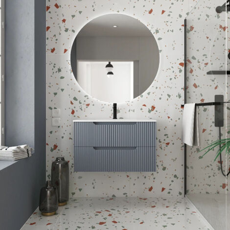 meuble de salle de bains leon 80cm gris - 2 tiroirs en mdf ondulés - vasque à encastrer (1/6)