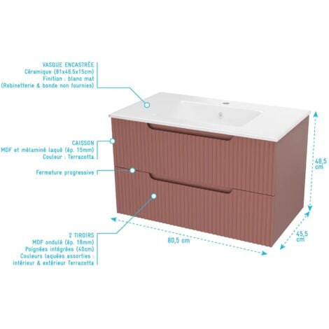 Meuble de Salle de Bains LEON 80cm Terracotta - 2 Tiroirs en MDF Ondulés - Vasque à encastrer
