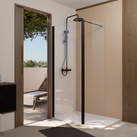 paroi de douche et volet pivotant 80+40x200 cm - verre transparent - barre de fixation noire