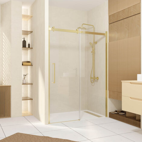 porte de douche coulissante type industriel 140x200 cm - finition or doré brossé - verre trempé 6 mm