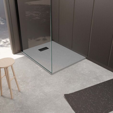 receveur de douche gris effet pierre 80x100 cm et grille décor linéaire noire mate (1/4)