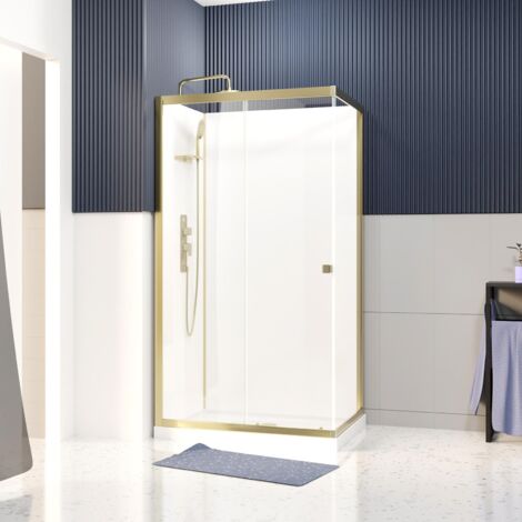 cabine de douche rectangle 110x80x200/230cm - receveur bas - fonds blancs et profilés or brossé