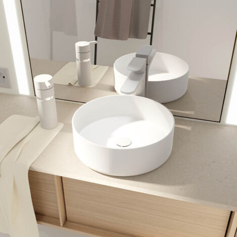 Aurlane – Vasque à poser ronde en céramique blanche mate Ø36cm x 12cm – Finition moderne et résistante – Compatible meubles standards (1/5)