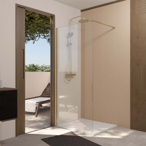 paroi de douche 100x195 cm en verre trempé 5 mm - finition or brossé - gold elementary