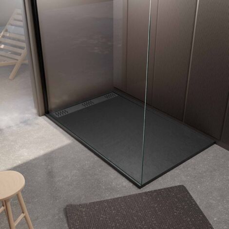 receveur de douche en résine noir 90x140x3 cm effet pierre granit + grille linéaire gun metal (1/5)