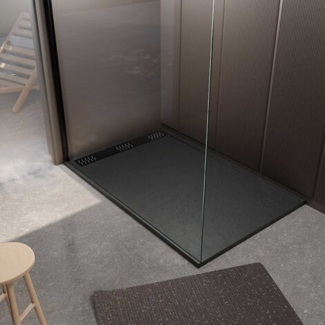 receveur de douche en résine noir 90x140x3 cm effet pierre granit + grille linéaire noire mate (1/5)