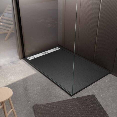 receveur de douche en résine noir 80x120x3 cm effet pierre granit + grille linéaire blanche mate (1/5)