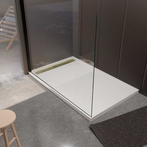 receveur de douche en résine blanc 90x140x3 cm effet pierre granit + grille linéaire or brossé (1/5)