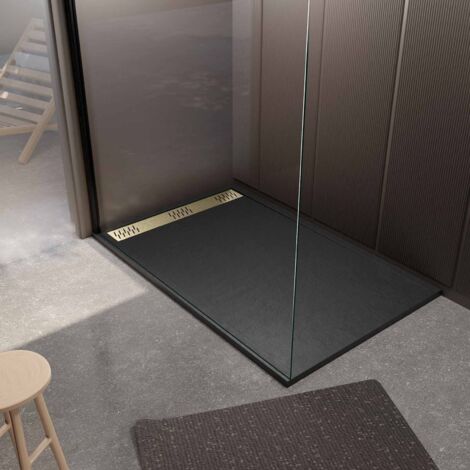 receveur de douche en résine noir 90x140x3 cm effet pierre granit + grille linéaire or brossé (1/5)